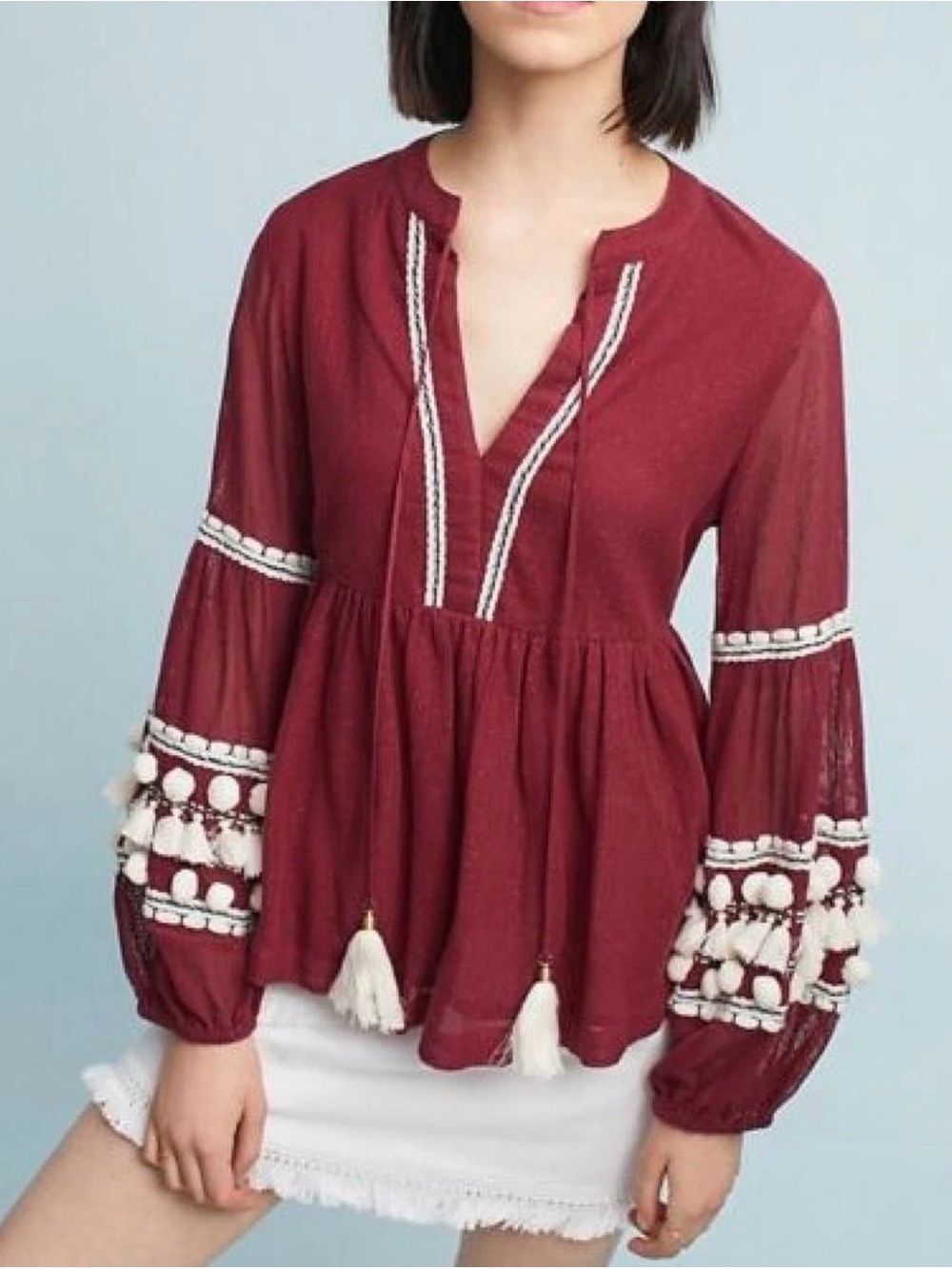 Anthropologie Vineet Bahl Nisha Pom Pom Peasant Boho Blouse Burgundy XS